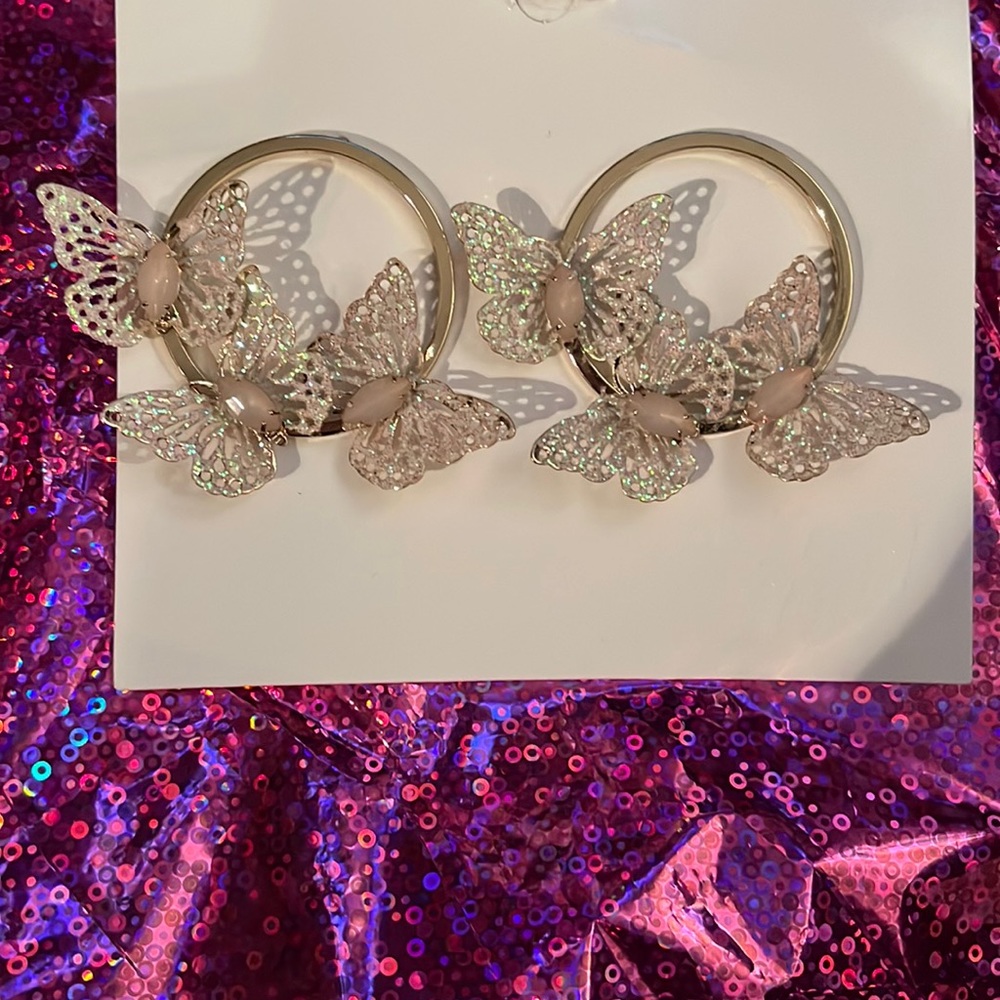 New Badgley Mischka Extremely Unique 3 D Hoops with fluttering butterflies